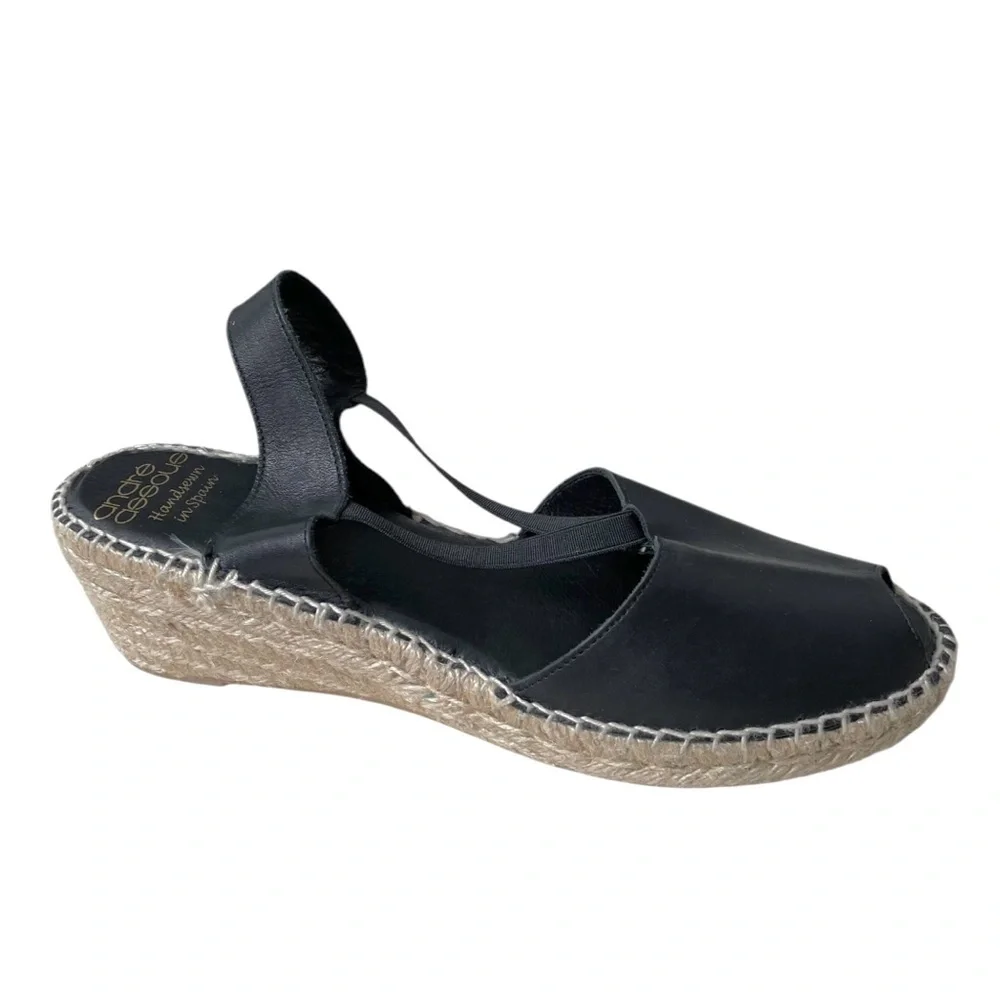 ANDRE ASSOUS Spain Leather Sling Back Peep Toe Wedge Espadrilles Sandal Black 10